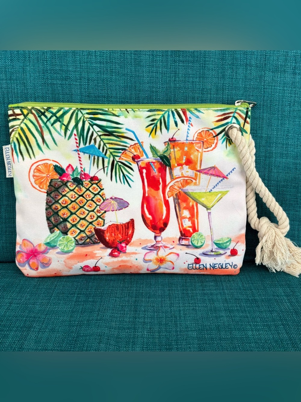 Ellen Negley "Five O'Clock Favorites" Tropical Cocktail Canvas Wristlet PouchBag